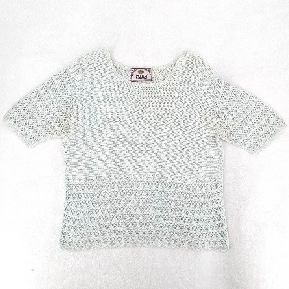 Tiara International Vintage Crochet Knit Lace Top Sage Green Medium 1997 Boho
